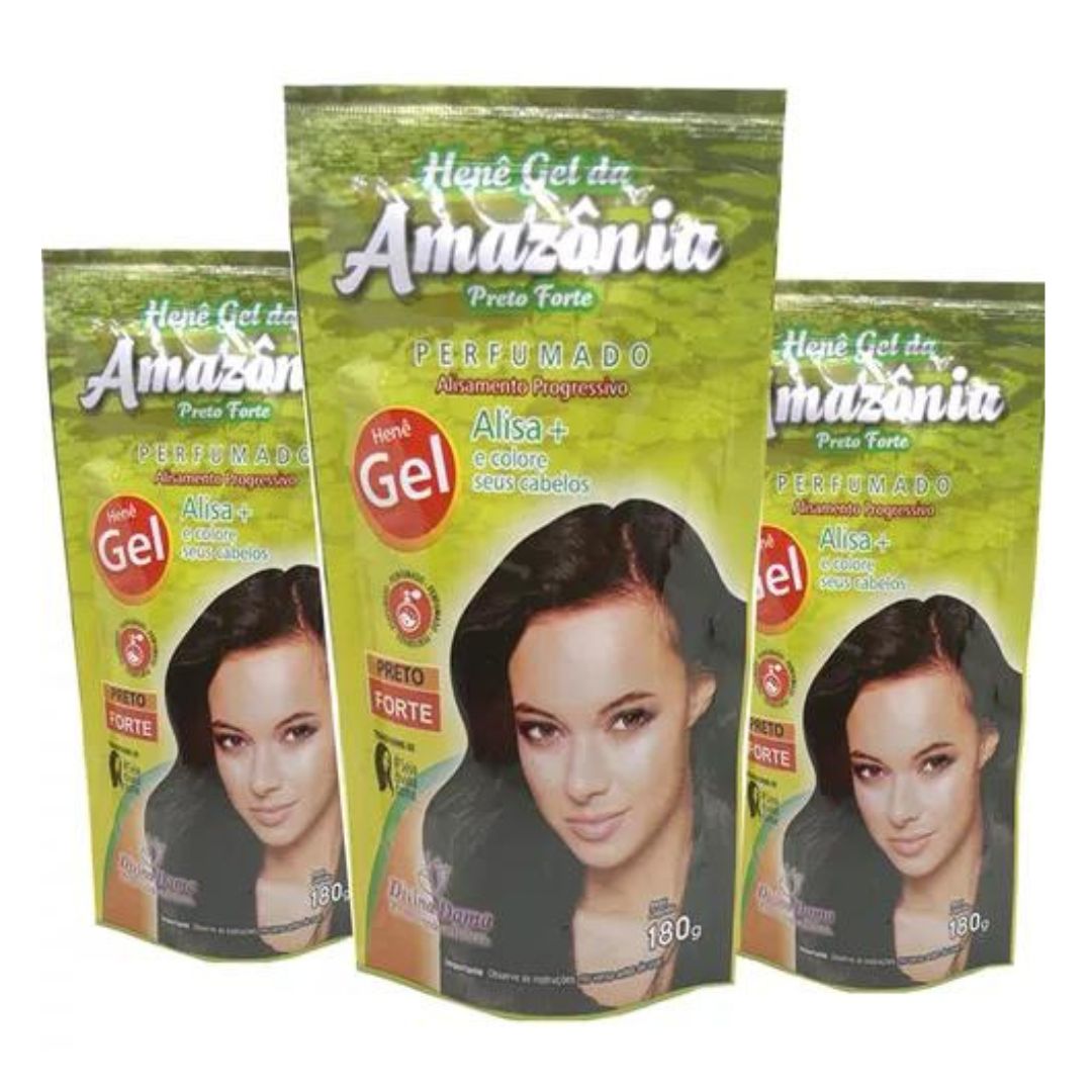 Lot of 3 Amazonia Hene Gel Strong Black Hair Straightening 180g Divina Dama