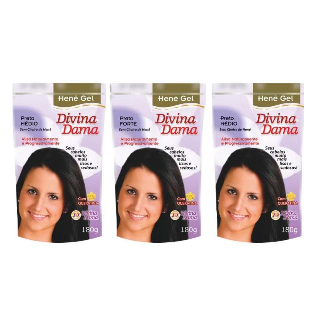 Lot of 3 Gel Hene Medium Black Hair Straightening 180g Divina Dama