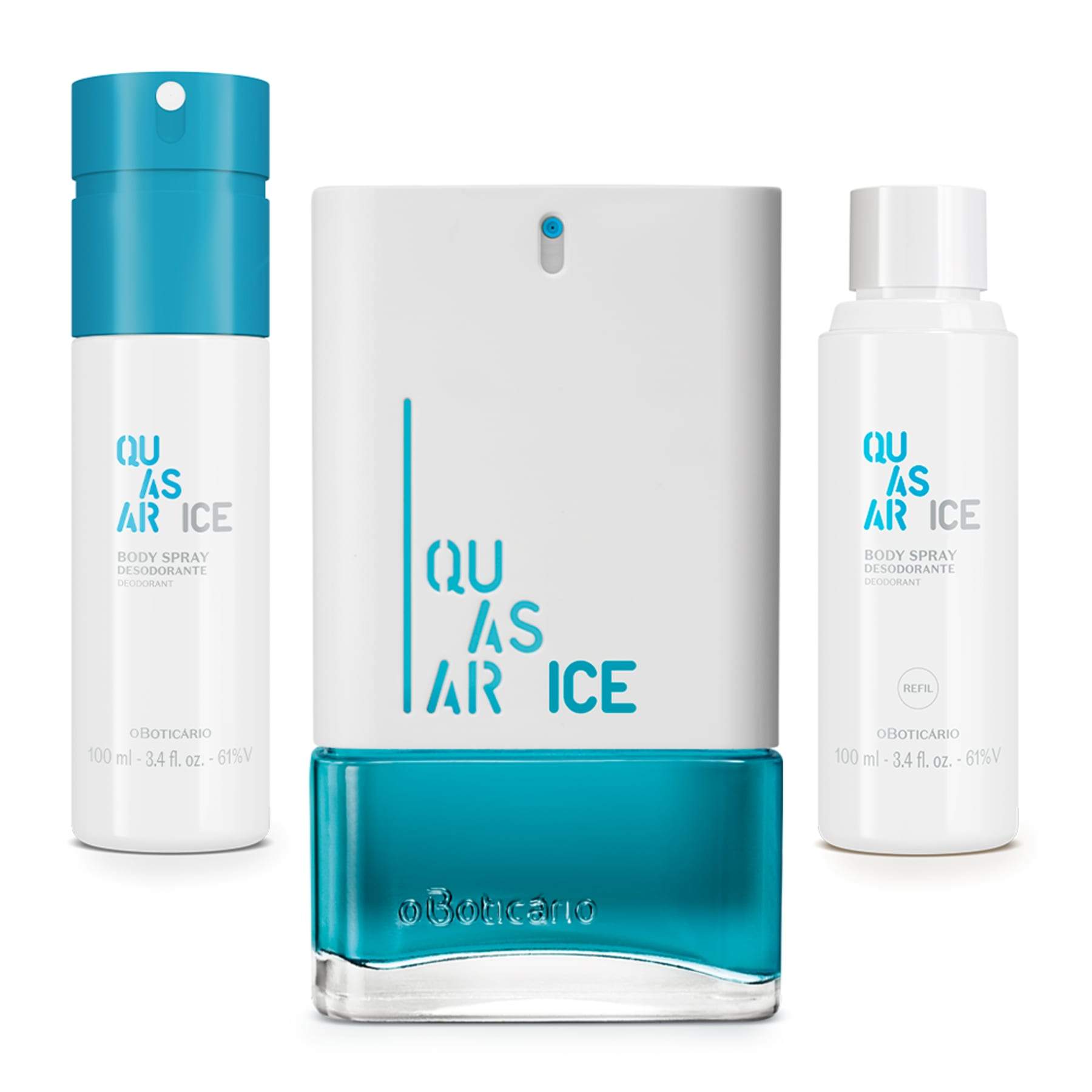 Kit Quasar Ice: Deodorant Cologne 100ml + Body Spray 100ml + Refill Body Spray 100ml - o Boticario