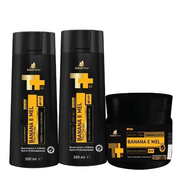 Barrominas Hair Care Kits Banana Mel Honey Home Care Maintenance Daily Treatment Kit 3 Itens - Barrominas