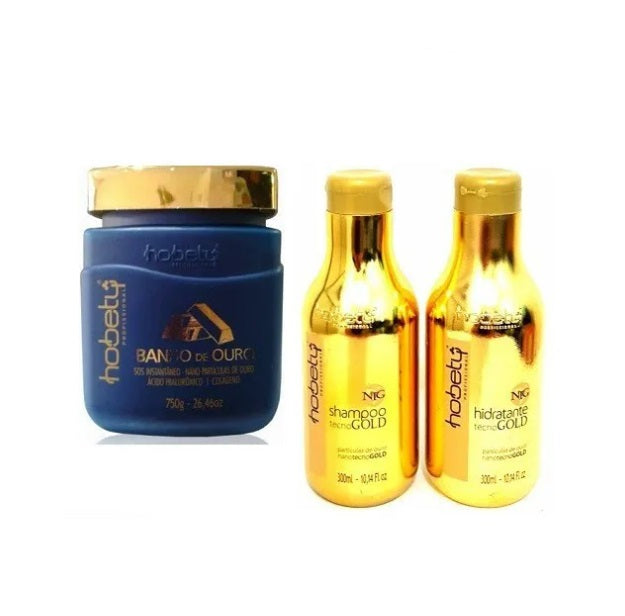 Hobety Hair Care Kits Gold Bath Hair Recovery Strenghtening Hyaluronic Acid Collagen Treatment Kit 3 Itens - Hobety
