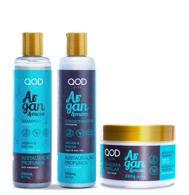 QOD Hair Care Argan & More Deep Restore Aloe Vera Babosa Hair Treatment Kit 3 Itens - QOD